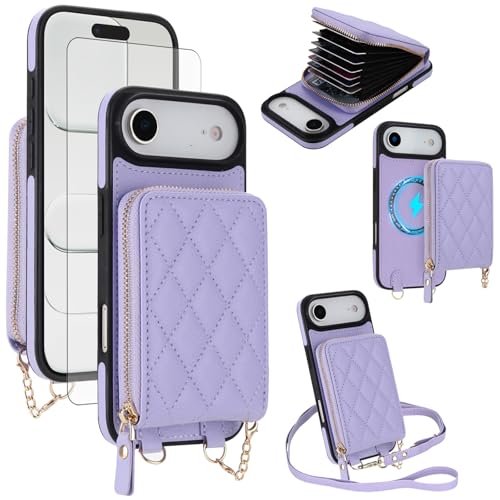 Coque iPhone 17 Air 6.5" Asuwish violette 2-en-1 avec fermeture éclair et bandoulière
