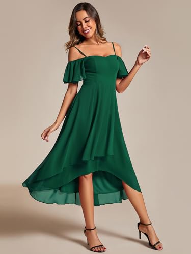 Image of Ever-Pretty Women's Summer Cold Shoulder Hi-Lo Asymmetrical Hem Flowy Chiffon Short Wedding Guest Dress 02103
