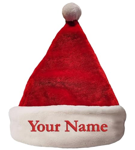 Merry Craft Works Custom Red Plush Santa Hat, with Name Embroidered - Personalized Fluffy Velvet Christmas Hats - Adult, 1 Pack