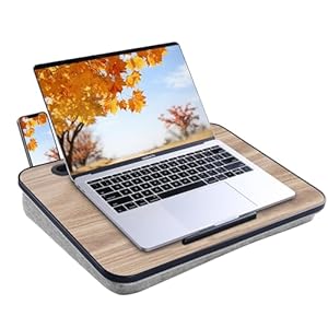 Lap Desk Laptop Bed Table: Home Office Portable Computer Lapdesk with Soft Pillow Cushion and Storage Bag – Wood Wide Writing Padded Tray for Work and Gaming on Couch – Fits up to 14 Inch