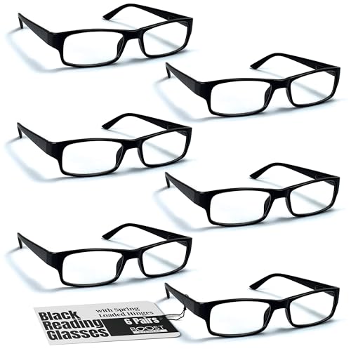 boost eyewear 6 pack reading glasses traditional black frames with spring loaded hinges