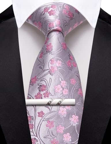 Image of Barry.Wang Floral Ties for Men Flower Necktie with Tie Clip Formal