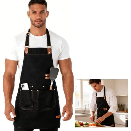 DAOLONG Chef Aprons for Men Women with Pockets,Adjustable Aprons – Durable Canvas Construction with 2 Roomy Pockets, Versatile for Coffee Shop Service, Creative Crafting & Pro Restaurant Use
