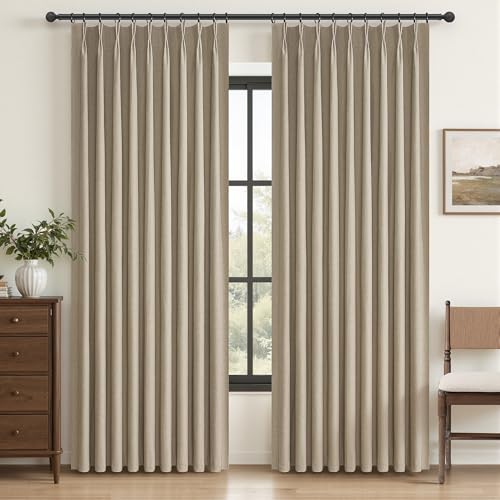 Image of Curtains 60 Inch Length Wide Pinch Pleated Black Out Curtain 84 Inch Long for Living Room, Farmhouse GreyBeige Linen Thick Burlap Boho Bedroom Heavy Insulated Window Drapes (60 inchW x 84 inchL x 2Panels)