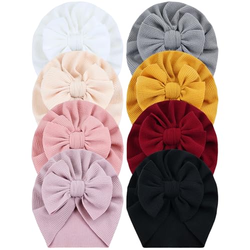 inSowni 8 Pieces Soft Turban Hats with Big Bow Hospital Nursery Caps Beanies Bonnets Headwraps for Baby Girls Infants