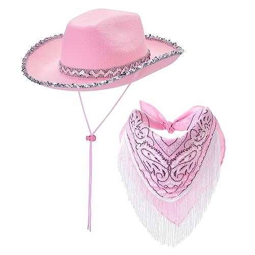 Kajoeiae Women's Cowgirl Costume Sets Bandana Wide Brim Sequins Cowboy Hat with Tassel Scarf Western Style Party Supplies (Pink Sequin, 2Pcs)