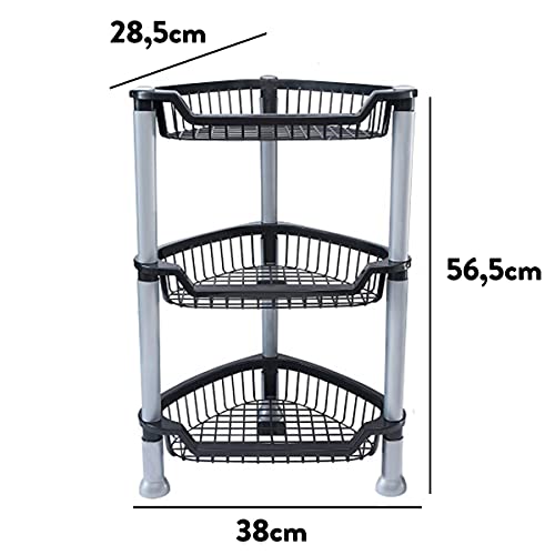 Fruteira Cesto Organizador Empilhável Triangular 3 Andares Preto e Cinza Desmontável