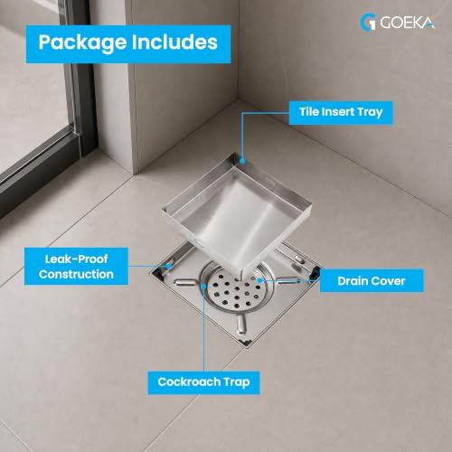 Image of GOEKA 6 inch x 6 inch Full SS 304 Tile & Marble Insert Floor Drain | Reverse Plate with Cockroach Trap | Square Drain Cover | Rust-Proof, Anti-Clog | Heavy-Duty Bathroom, Kitchen, Terrace & Balcony Drain