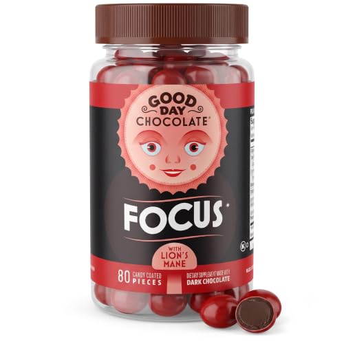 Good Day Chocolate Focus - Dark Chocolate with Lions Mane Mushroom Nootropics & Brain Nutrients for Clarity Memory & Mental Stamina - 80 Count