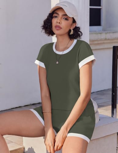 Image of Ekouaer Two Piece Sets for Women Summer Striped Lounge Set Vacation Outfit | Casual Cute Waffle Knit Tops Shorts Sets with Pocket for Travel, Jogging, Cruise, Beach, Airport