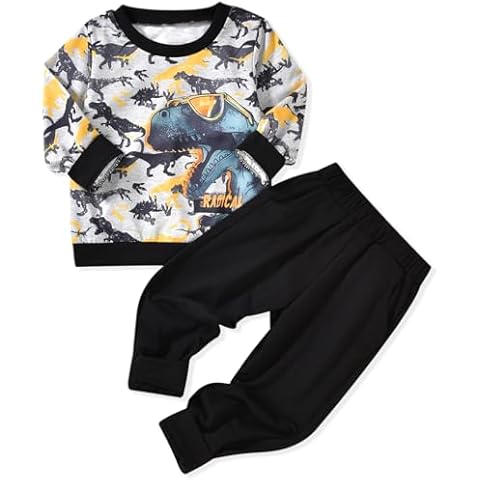 HIHA 4T Toddler Boy Dinosaur Sweatsuit Outfits Long Sleeve Sunglasses Dino Sweatshirt Tops Black Pants Fall Winter Clothes Set Cover