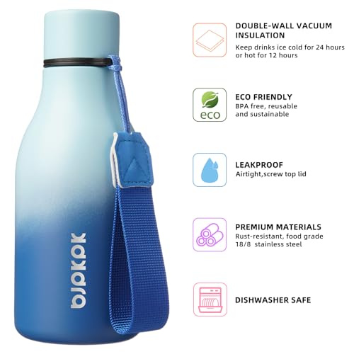 Image of BJPKPK Insulated Water Bottles, 12oz Stainless Steel Metal Water Bottle with Strap, BPA Free Leak Proof Jugs, Mugs, Flasks, Reusable Thermal Flasks for Sports & Travel, Sky