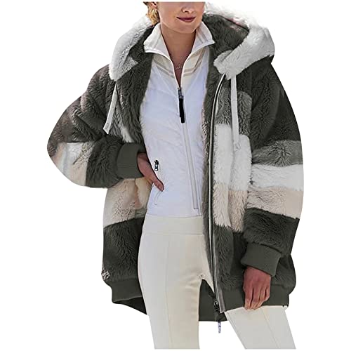 Oversized Fuzzy Fleece Jackets For Women Fashion 2023 Color Block Faux Fur Cardigan Coat Shaggy Warm Winter Outerwear