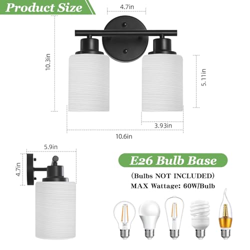 Image of 2-Light Vanity Lights, Black Bathroom Light Fixture with Striped Textured Milky White Glass Shade, Modern Vanity Lighting Fixture for Bathroom Wall Light Over Mirror, E26 Wall Sconce
