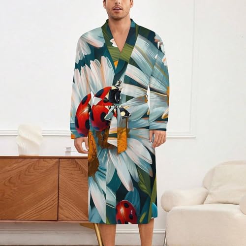 Ladybugs Daisy Flowers Soft Robe Long Sleeve Bathrobes V Neck Sleepwear Spa Robes with Belt Men Woman2