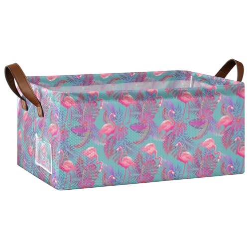 Fygkptb Seamless Summer Tropical Pink Flamingo and Palm Leaves on Blue 1 PC Rectangle Foldable Frame Basket Leather Handles Storage Bin for Laundry Bathroom Organizer 16.9 x 11.4 x 7.7 inch