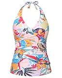 Tempt Me Women's Colorful Floral Tankini Top Halter Tummy Control Swim Tops Only Twist Front V Neck Bathing Suit No Bottom M