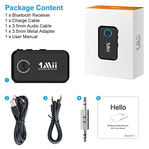 1Mii Bluetooth 5.0 Music Receiver For Car / Home Stereo, Aux Bluetooth Adapter For Car With Volume Control Supports Hands Free Calls, 15H Battery Life #TOP6