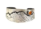 Harvest Moon over Mountains Handmade Artisan Sterling Silver Cuff Bracelet with Amber