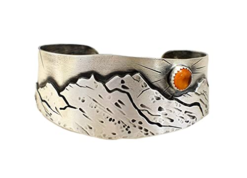 Harvest Moon over Mountains Handmade Artisan Sterling Silver Cuff Bracelet with Amber