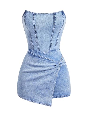 SOLY HUX Women's Y2k Tube Top Denim Romper Wrap Strapless Bodycon Short Jumpsuits Solid Blue Large
