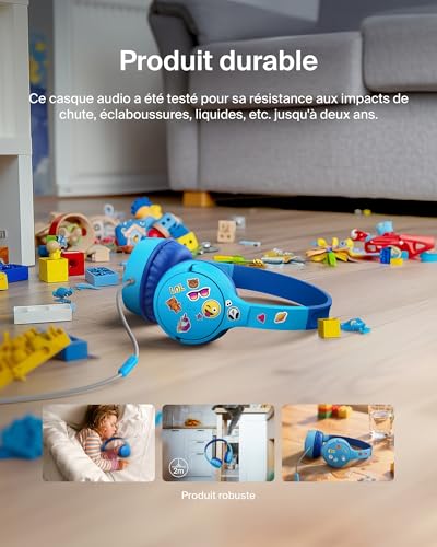 Belkin SoundForm Mini Casque Audio Enfant Filaire avec connecteurs USB-C et 3,5 mm, Micro et Autocollants, Volume de 85dB Max., pour apprentissages en Ligne, Voyages, iPhone, iPad, Galaxy, etc - Bleu