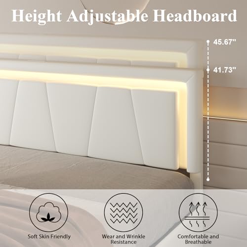 Image of Queen Size Bed Frame with 4 Storage Drawers, Upholstered Headboard, White