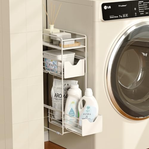 洗濯機横 マグネット収納ラック 3段 ホワイト 引き出し付き 取り付け不要 冷蔵庫横収納 キッチン 洗面所 すき間ラック 省スペース 調味料 スパイス収納 ランドリーラック すき間ワゴン