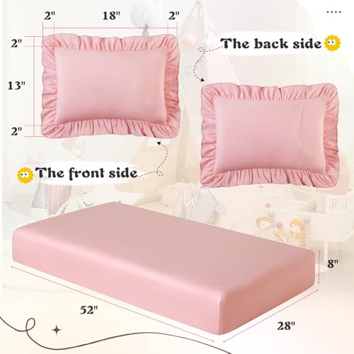 Image of KKJIAF 3 Piece Toddler Sheet Set Microfiber, Includes a Flat Sheet, a Fitted Sheet and a Ruffle Pillowcase, Light Pink