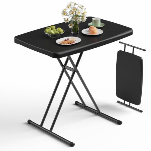 MAKE CHANGES Folding Table 30 Inch - Small Desk Adjustable Height TV Tray for Laptop, Couch, Camping - Heavy Duty Utility Foldable Table for Small Spaces, No Assembly Required, Snowy Granite (Black)