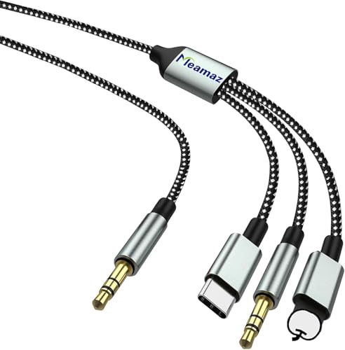Meamaz 3-in-1 Aux to USB C and L ightning, A ux Audio Cord for i-Phone, Aux cord to L-ightning Cable, Type C to 3.5mm Stereo Jack Audio Cable for Car, Compatible for iPhone, Cars, Speakers (6.56FT/2M)