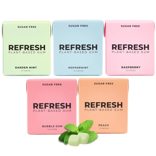 Refresh Gum, Xylitol, Natural, Sugar Free, Chewing Gum, Plastic Free, Natural Flavors & Organic Ingredients, Non GMO, Gluten Free, Vegan, 12 Count (Pack of 5), Sampler Pack