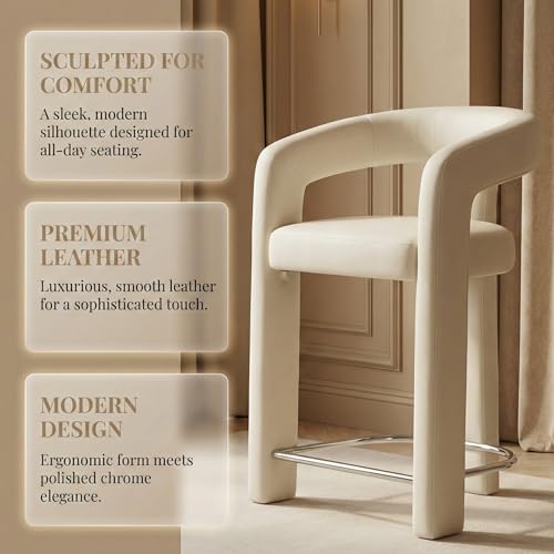 Image of HNY Modern Barrel Bar Stools Set of 2, 26 Inch Upholstered Velvet Counter Height Barstools with Open Back and Armrests, for Kitchen Island, Home Bar, Dining Room, No Assembly, Cream