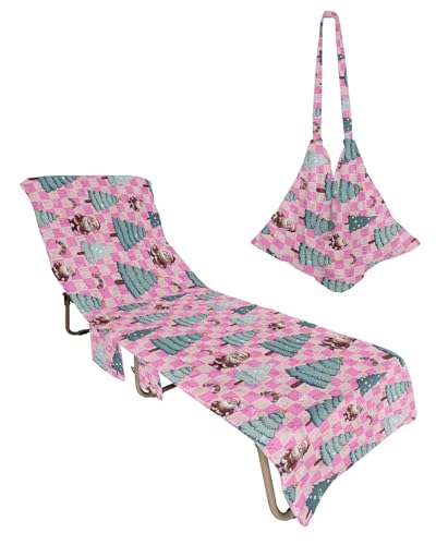 Christmas Beach Lounge Chair Towel Cover, Soft Chaise Lounge Towel with Side Pockets Patio Pool Chairs Cover for Beach/Pool Sunbathing 29x85 Xmas Tree Winter Snowflake Santa Pink Checkered