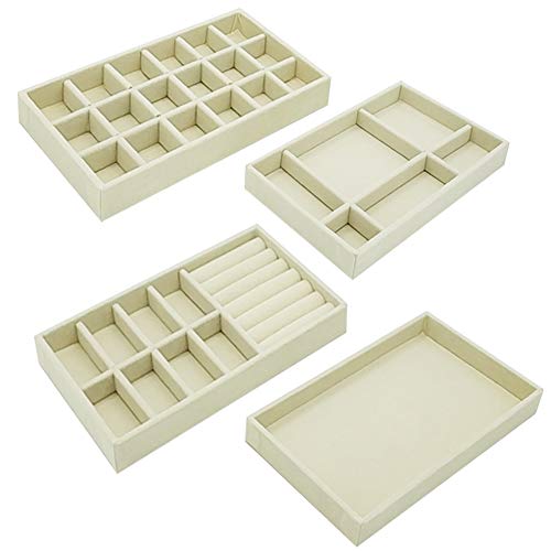 Preisvergleich Produktbild Schmuckschalen Organizer, 4er-Set Samtschmucktablett, stapelbares Schmuckzubehörfach, Mehrzweck-Schmuckdisplay Aufbewahrung und Organizer für Ohrring-Halskette Armbandring (cremefarbene Farbe)