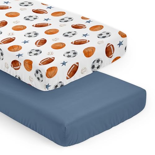 Image of Sweet Jojo Designs 2-Piece Baby Crib Sheets Set (Vintage Sports Theme) for Boys, Infant Nursery, Toddler Room -Fitted, Standard Size (Solid Steel Blue and Soccer Balls, Football, Baseball, Basketball)
