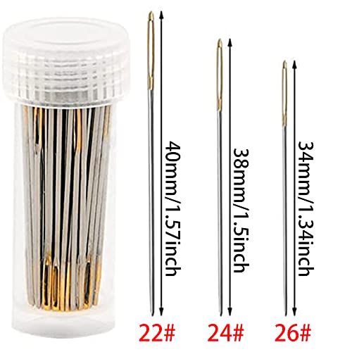 Image of 90pcs Cross Stitch Needles +2 Needle Threader Golden Color Large Eyes Cross Stitch DIY Embroidery Hand Needles Sewing Needles in Transparent Box Size 22# 24# 26#