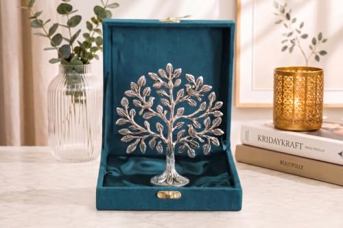 Image of Metal Kalpavriksha Tree for Home Decor - Golden Wish Fulfilling Tree Metal Showpiece for Temple, Vastu, Office Table & Gifting Banyan (No 0 Silver with Box)