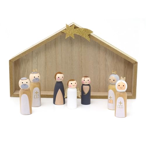 Carousel Home 7-Piece Wooden Nativity Scene with Mini Peg Figures & Stable | Traditional Keepsake Nativity Set & Stable | Christmas Stable Ornament with Figures