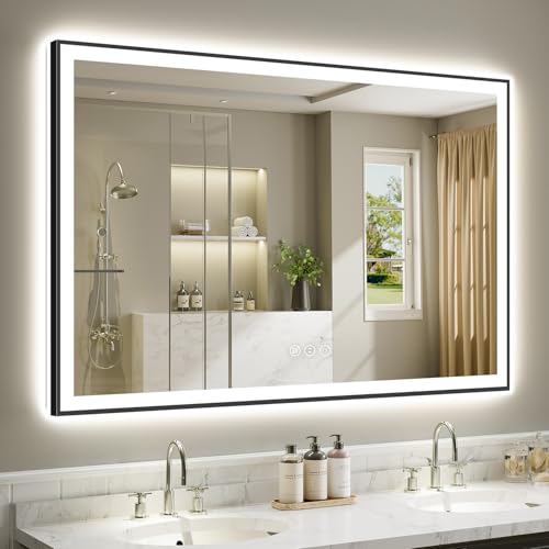 Image of 60x38 Inch LED Bathroom Mirror with Lights (Front Lit and Backlit) Black Framed Lighted Vanity Mirror for Bathroom Wall Dimmable Anti-Fog Memory Tempered Glass Horizontal /Vertical