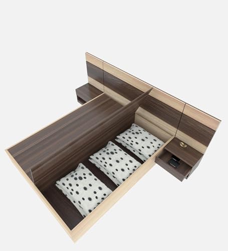 Image of Queen Size Engineered Wood Platform with Striped Designer Headboard Bed and Side Tables with Storage (Walnut Brown /Choco Brown)