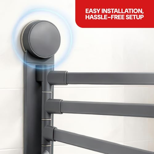 Image of Amazon Basics 4 Bar Suction Towel Holder for Bathroom - Rust - Free Powder Coated Wall Mounted Towel Rack No Drill Towel Rack | Modern Bathroom Accessories Organizer Grey
