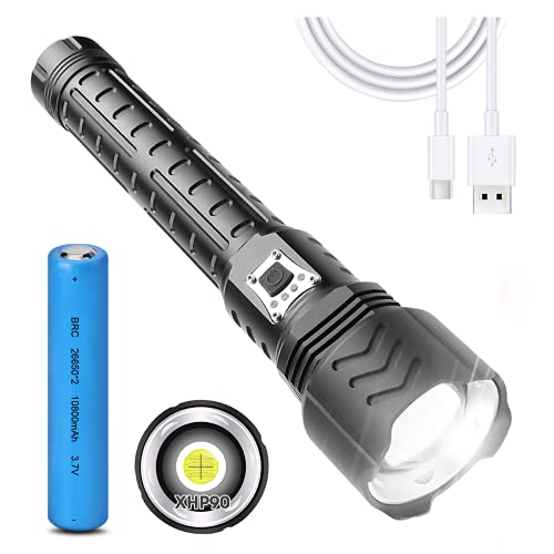 Chanarily LED Flashlight 100000 Lumens,XHP90 Rechargeable Flashlights,Super Bright Tactical,Zoomable&Waterproof Flashlights,5 Modes Searchlight for Camping Emergencies,Black