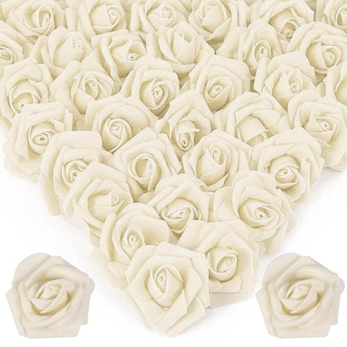 Image of 100Pcs Realistic Champagne Artificial Rose Flower Heads, Fake Champagne Foam Roses for DIY Wedding Decorations Baby Shower Centerpieces Home Party Valentine's Day Mother's Day Decor