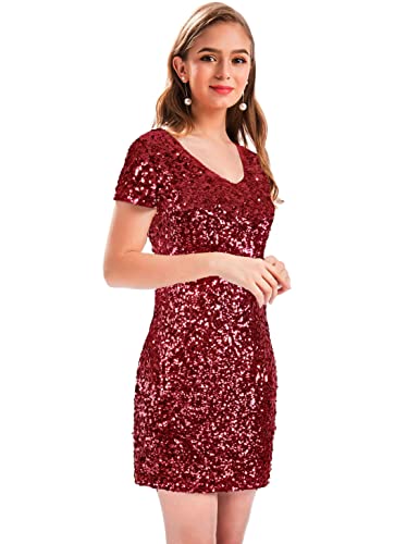 Image of MANER Women's Sequin Glitter Short Sleeve Dress Sexy V Neck Mini Party Club Bodycon Dresses