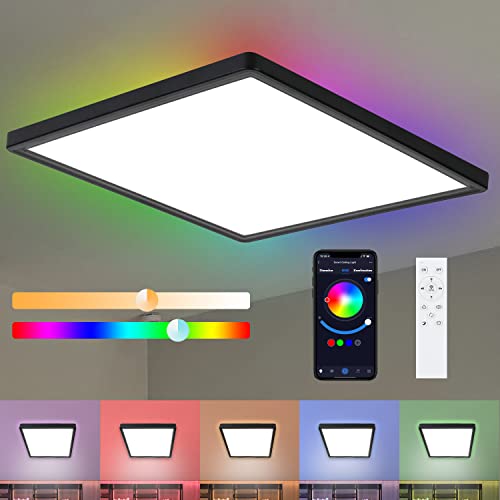 CBJKTX LED Luz de Techo Lámpara de Techo con Cambio de Color Regulable - Panel Plano Negro Inteligente RGB por Control App 36W Lámpara de Salón Cuadrada para Dormitorio Habitación Infantil Cover