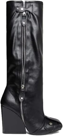 Lemonade Women's Buckle Detail Square Toe Wedge Heel Knee High Long Boot﻿ Senna Black 8n