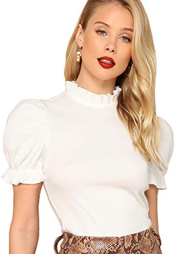 Floerns Women's Casual Frill Mock Neck Short Puff Sleeve Keyhole Back Work Office Blouse A White M