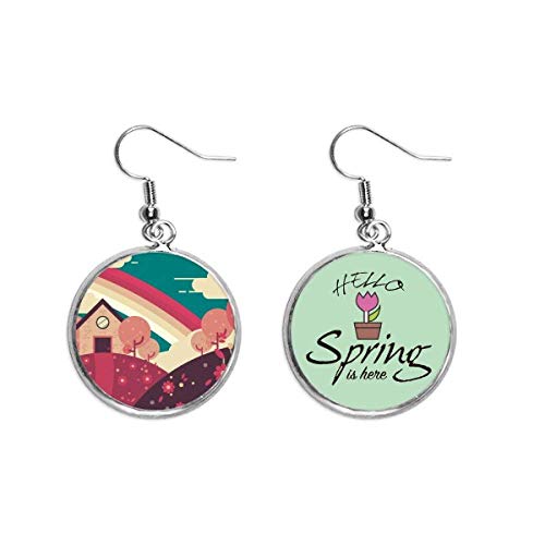 Pendientes de primavera con paisaje de pintura y casa de dibujos animados