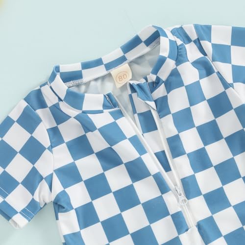Toddler Baby Boy Girl Swimsuit Checkered One Piece Swimwear Short Sleeve Zipper Rash Guard Beach Bathing Suit3
